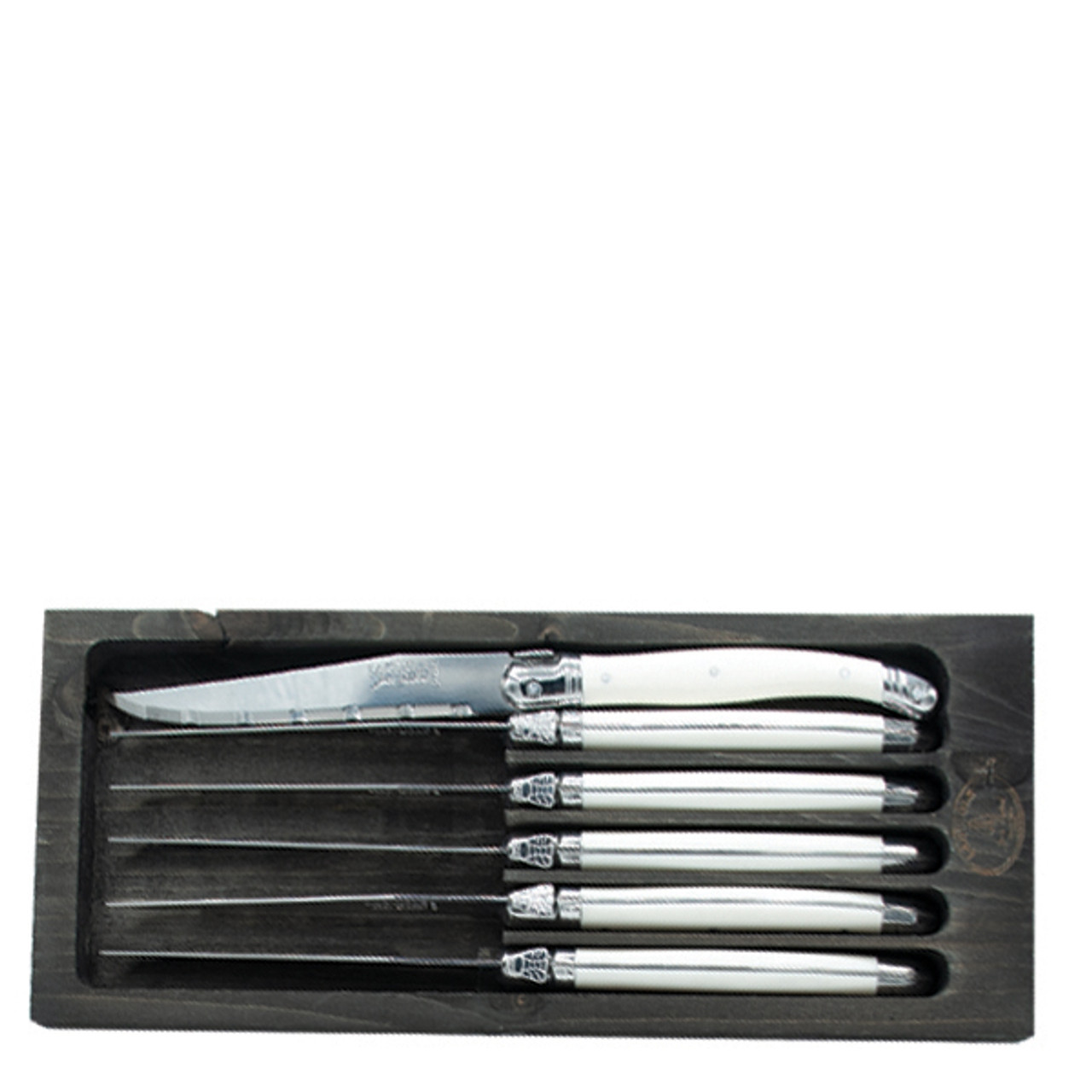 Laguiole Set of 6 Steak Knives with White Handles in Black Tray Knives The French Farm