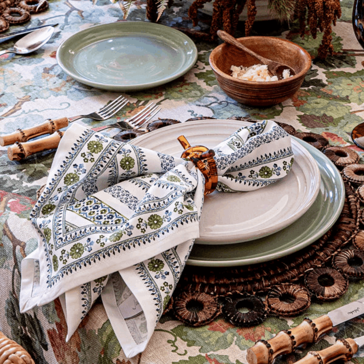 Juliska Seville Stripe Napkin - Green Napkins Juliska