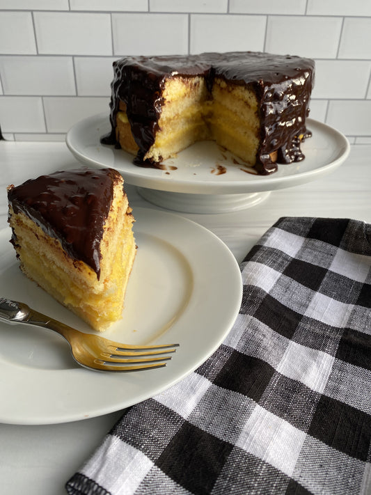 Ina Garten's Boston Cream Pie with chocolate ganache and pastry cream filling