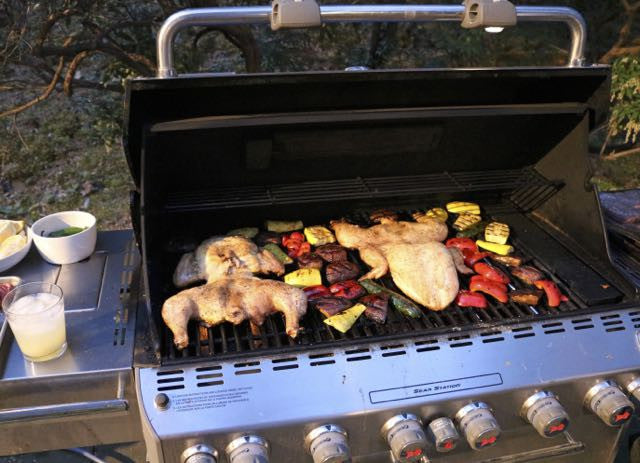 Whole Argentine-style chicken and colorful vegetables grilling on an open gas barbecue