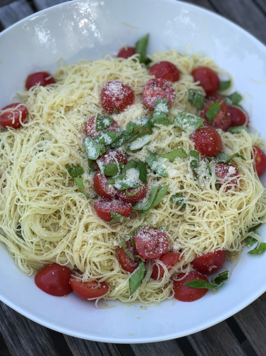 Summer Garden Pasta with fresh tomatoes, basil, and olive oil
