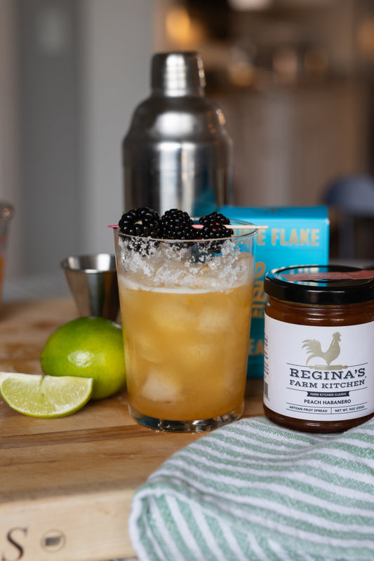 Dry January Peach Habanero Mocktail with fresh peach and spicy habanero garnish