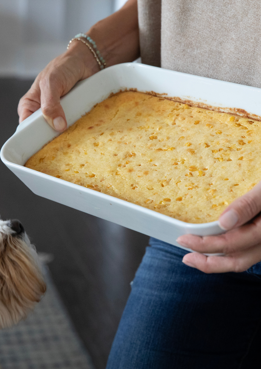 Granny's Corn Pudding in a baking dish, golden and creamy