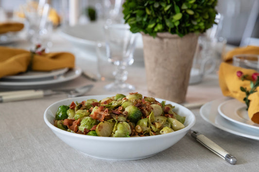 Ina Garten's Brussels Sprouts with Lardons — crispy Brussels sprouts with pancetta in a pan
