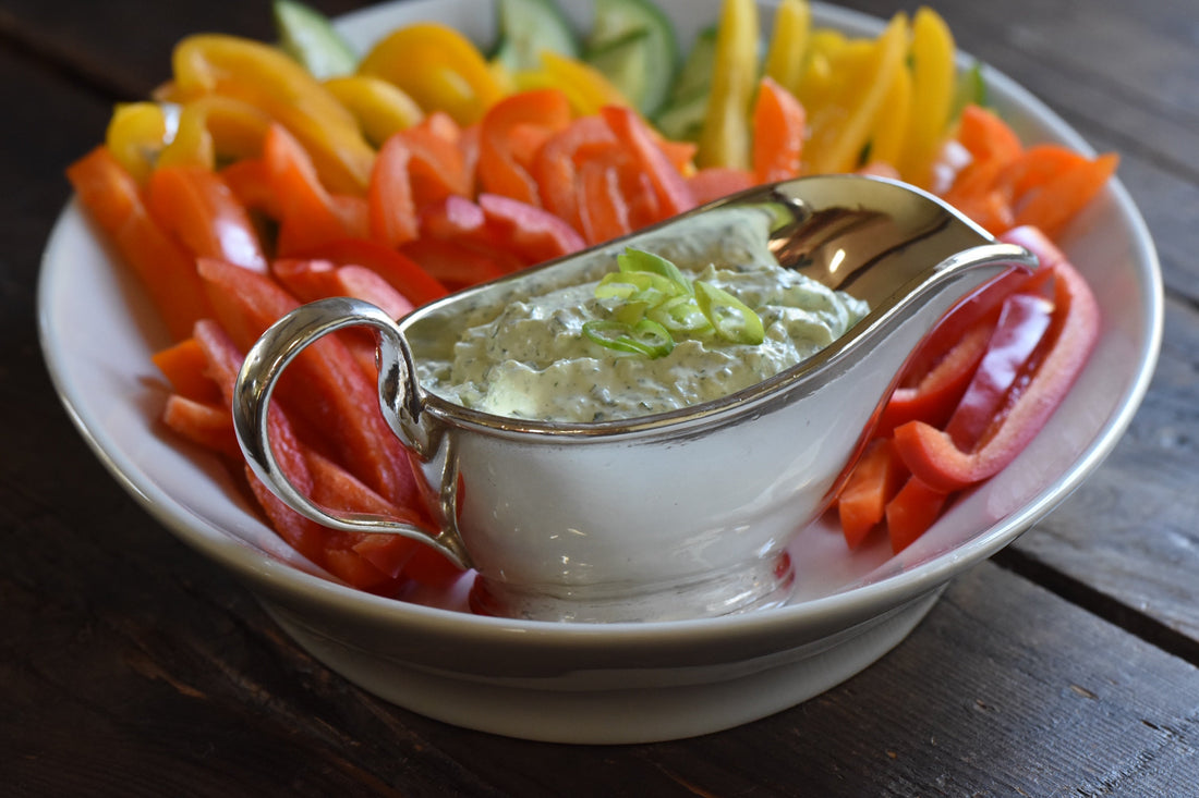 Ina Garten's Green Herb Dip with fresh herbs served with crudités and crackers