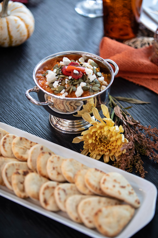 Chef Lynn Michelle's Pumpkin Spice Hummus with spiced olive oil drizzle and pita chips