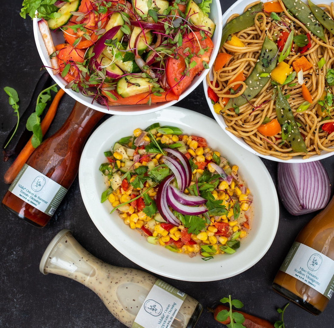 Sesame Asian pasta with Southern Conserve Miso Sesame Scallion Vinaigrette in a bowl