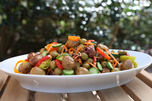 Chef Lynn Michelle's Vegan Potato Salad in a colorful serving bowl