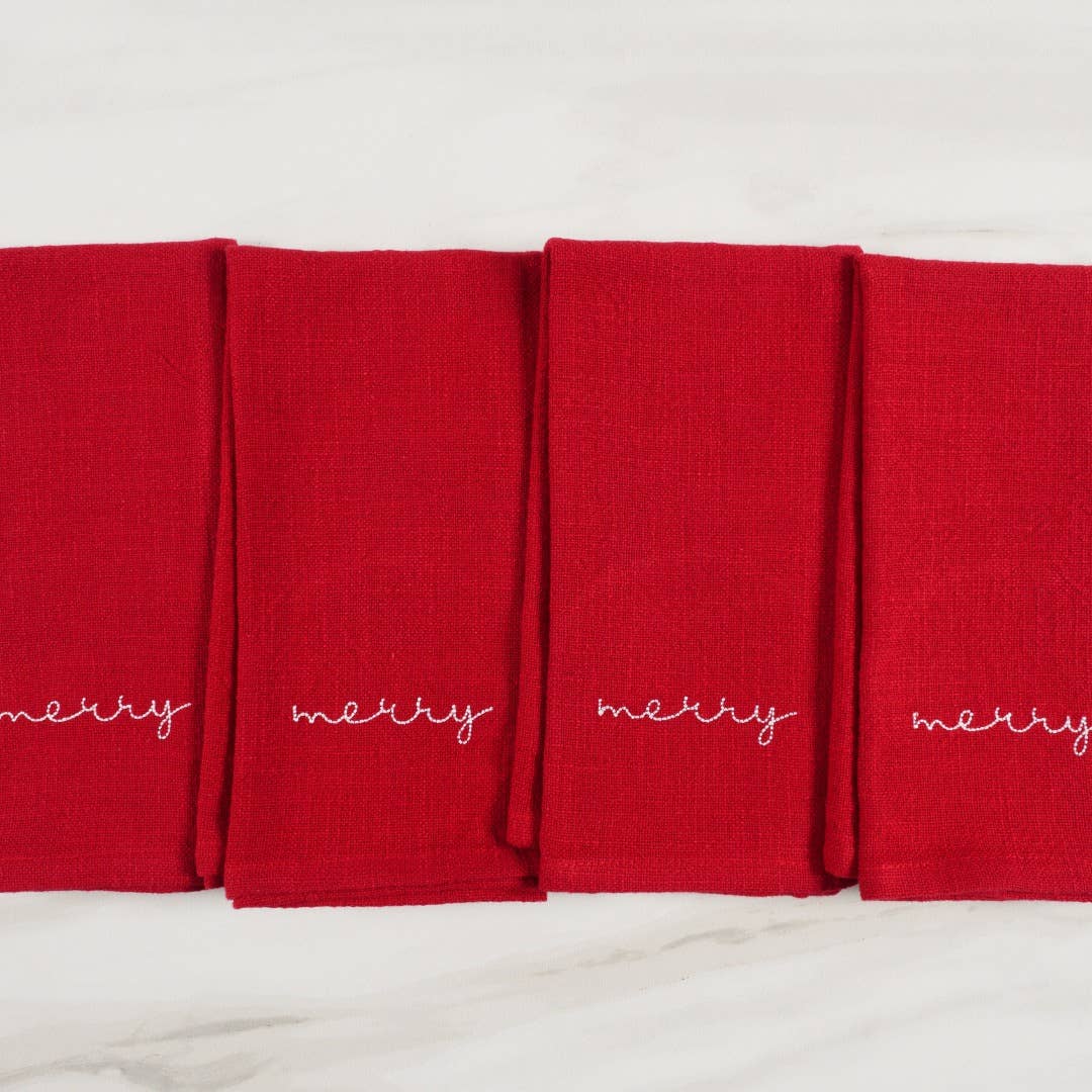 Holiday Red Embroidered Set Of 4 Napkins, 20" x 20": Joy Holiday KAF Home