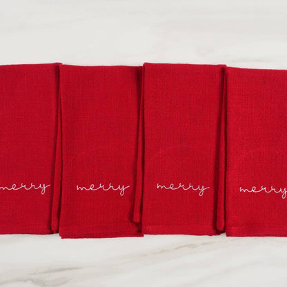 Holiday Red Embroidered Set Of 4 Napkins, 20" x 20": Joy Holiday KAF Home