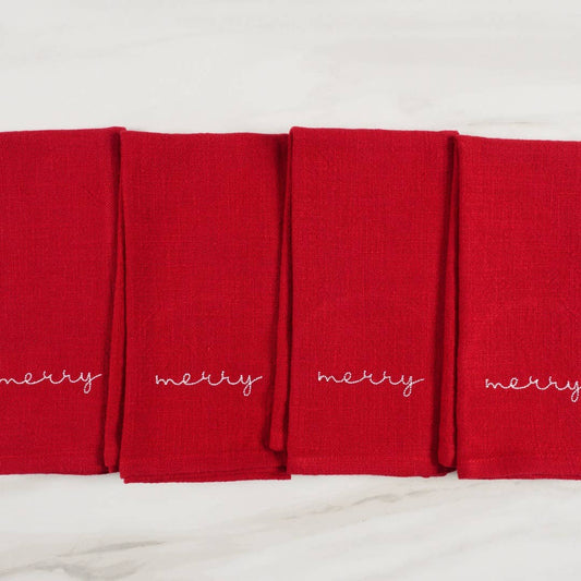 KAF Home Holiday Red Embroidered Set Of 4 Napkins, 20" x 20": Merry Holiday KAF Home