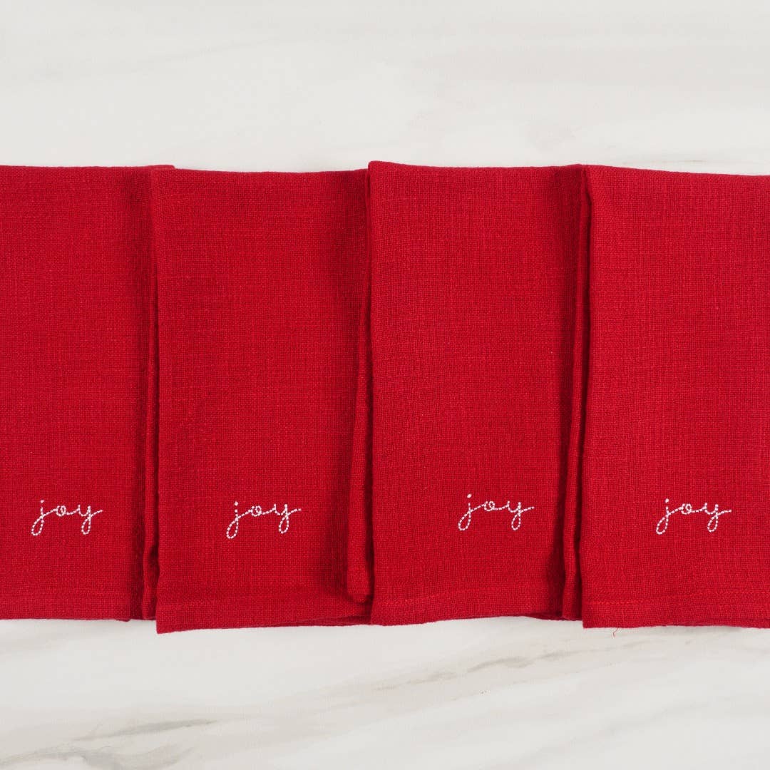 Holiday Red Embroidered Set Of 4 Napkins, 20" x 20": Joy Holiday KAF Home