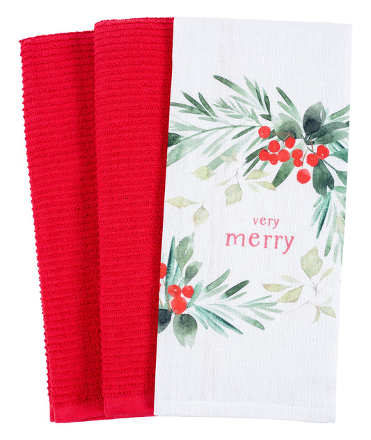 KAF Home Holiday Kitchen Tea Towels - Set of 3: Very Merry Wreath Holiday KAF Home