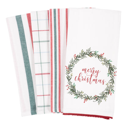 KAF Home Merry Christmas Wreath - Kitchen Towel - Set of 4 Holiday KAF Home
