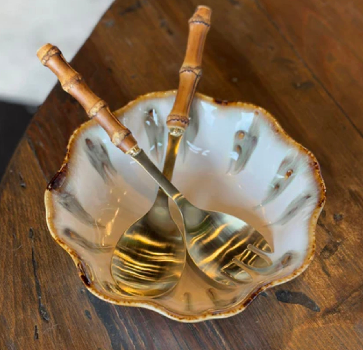 Zoya Bamboo 2pc Serving Set - Matte Gold Polish Tableware Blue Pheasant