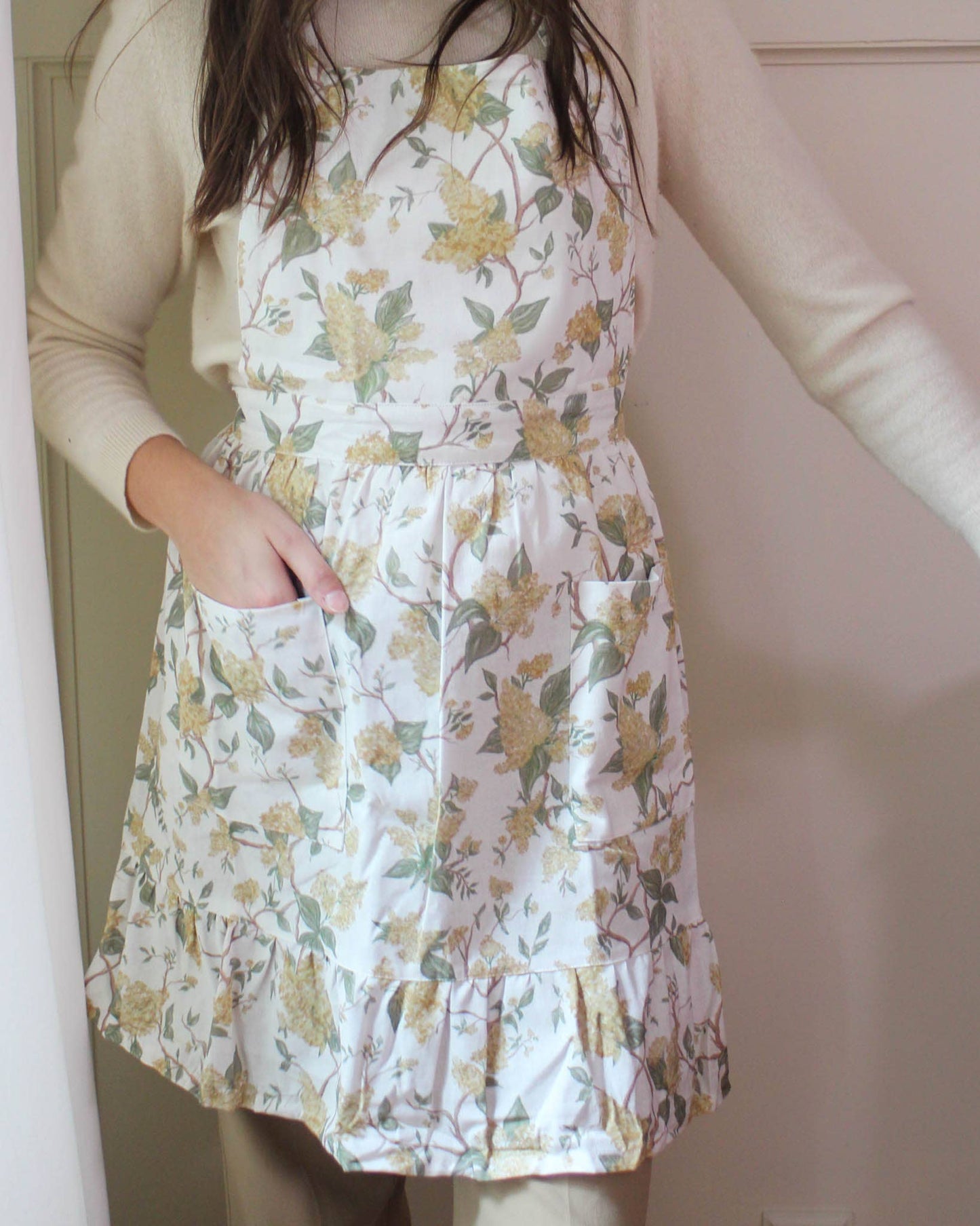 Hyacinth Linen Floral Apron Dress: Marigold Apron Willamere