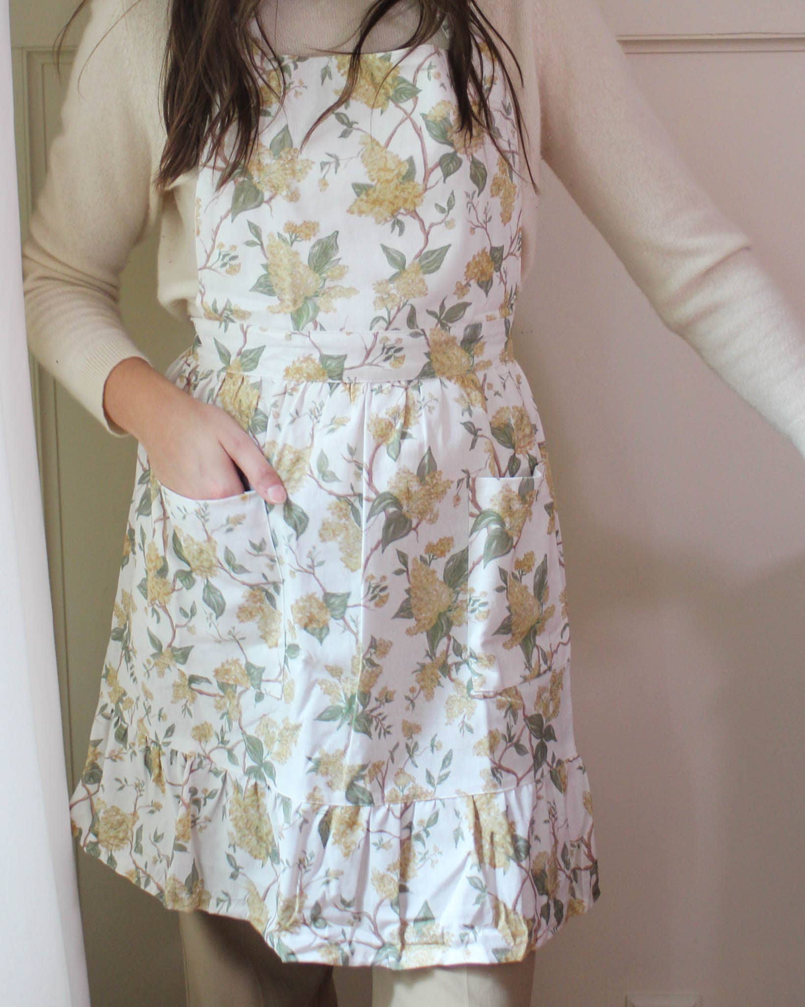 Hyacinth Linen Floral Apron Dress: Marigold Apron Willamere
