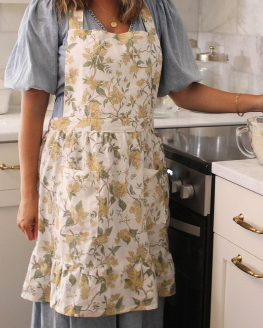 Hyacinth Linen Floral Apron Dress: Marigold Apron Willamere