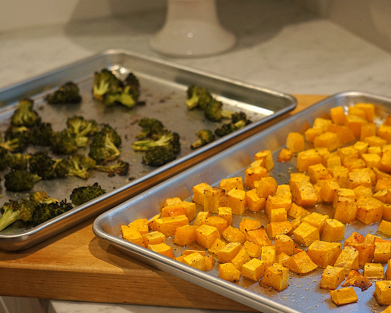 Ina Garten recommended Professional Half Sheet Pans cooking broccoli and potatoes.