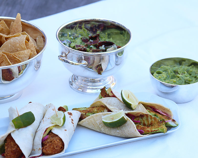 Hotel Silver Bowls filled with Guacamole and tortilla chops. Easy entertaining with Hotel Silver .