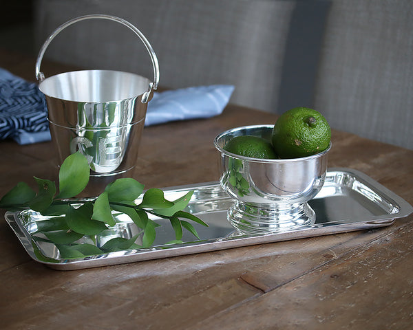 HÔTEL Silver Oblong Bar Tray displayed with silver ice bucket and pedestal bowl