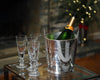 Vintage HÔTEL Silver Wine Cooler chilling champagne surrounded by 4 champagne flutes