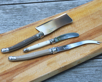 Laguiole Cheese Knife 3pc set on wooden cutting board