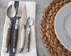 Flatware utensils on a napkin next to a Pillivuyt dinner plate