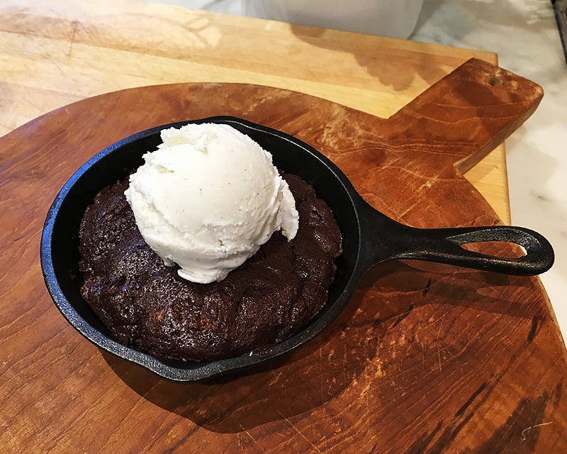 molten skillet brownie in a mini 5 inch cast iron skillet