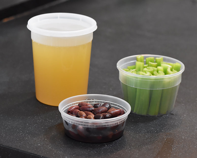 Clear Plastic containers used by Ina Garten storing chicken broth, celery, and beans.