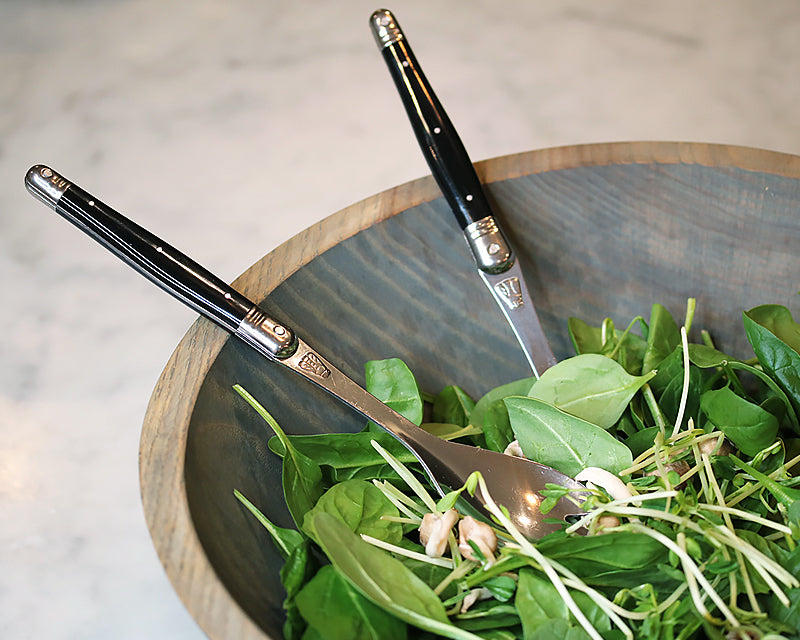 Salad Serving Set in our Wooden Salad Bowl filled with field greens