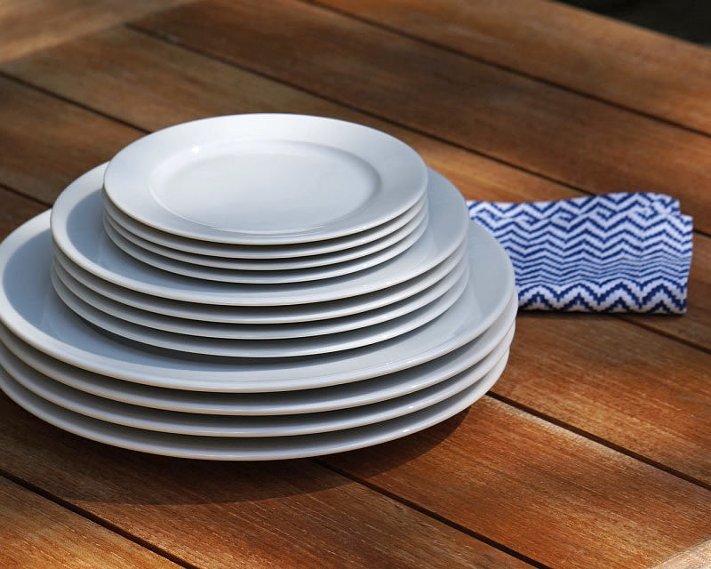 White French dinnerware plates from Cassandra’s Kitchen stacked upon one another